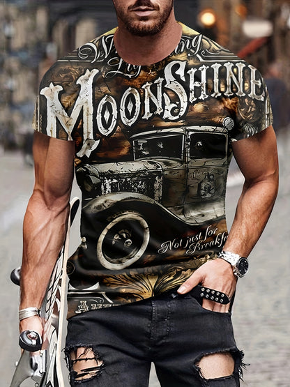 Men's Vintage 3D Casual Letter & Car Design Print Short Sleeve Crew Neck T-Shirt