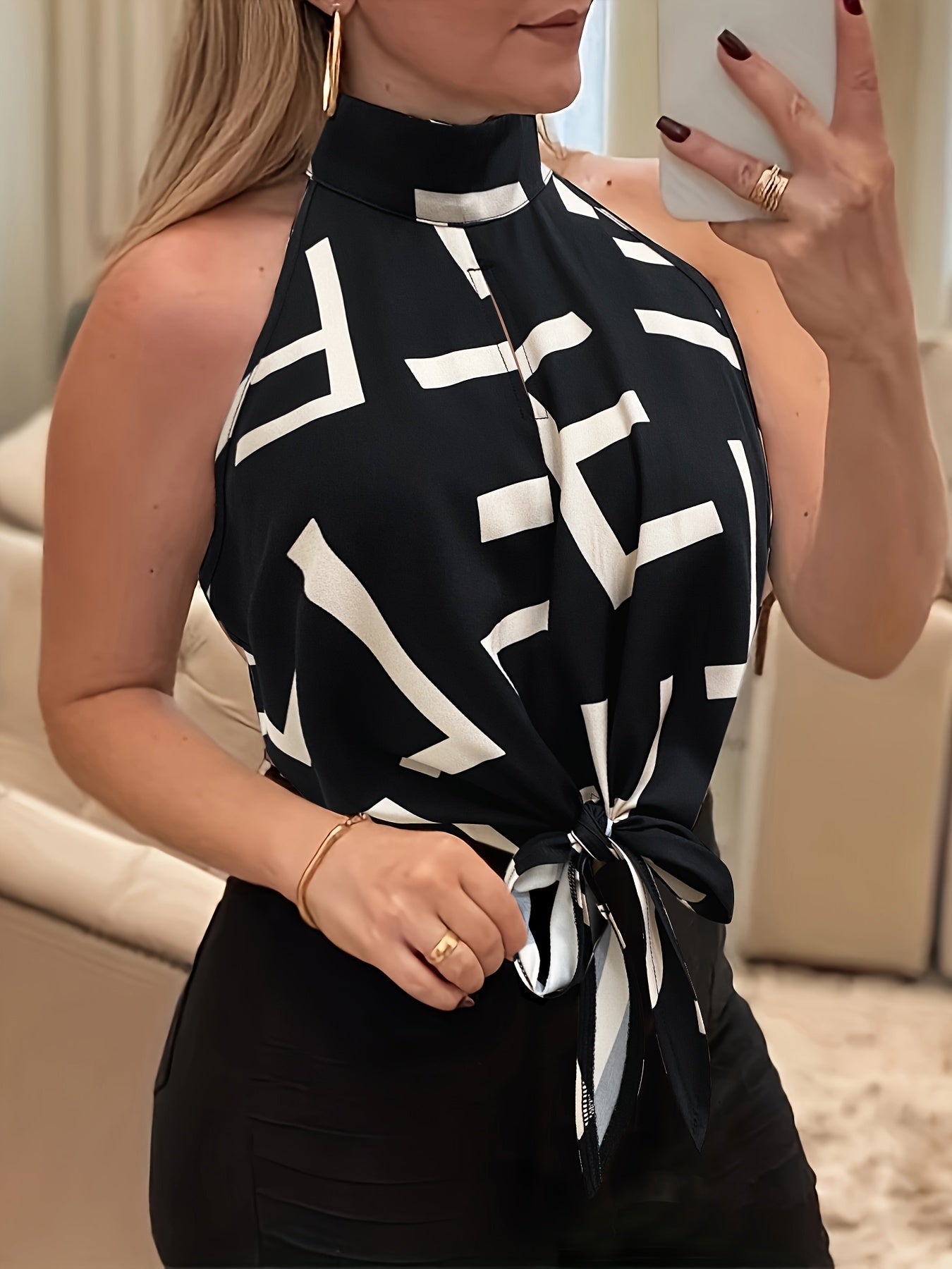 Letter Print Halter Neck Blouse, Elegant Sleeveless Tie Front Top