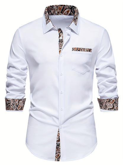 Men's Casual Paisley Print Long Sleeve Shirt with Button Down and Pocket Detail