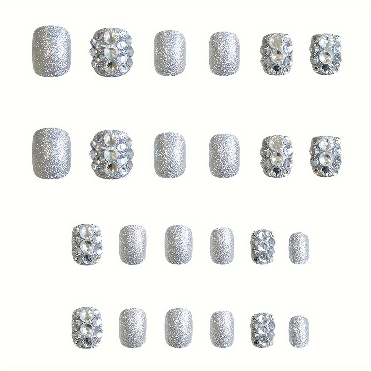 Elegant Silver Glitter Rhinestone Nail Tips - 24 Pieces - Oval Shape - Medium Length - Sparkling Graduated Design