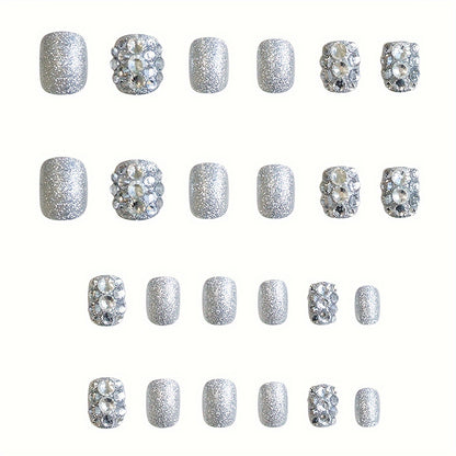 Elegant Silver Glitter Rhinestone Nail Tips - 24 Pieces - Oval Shape - Medium Length - Sparkling Graduated Design