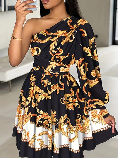 Plus Size Allover Print Dress, Elegant Long Sleeve One Shoulder Cinched Waist Dress