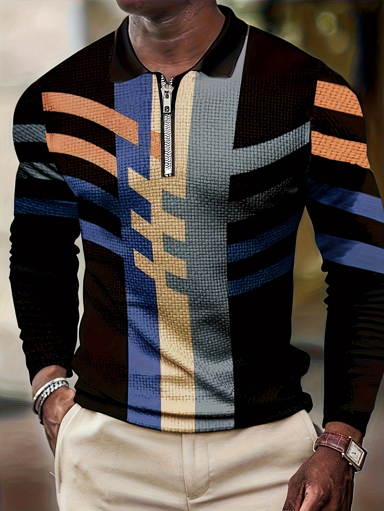 Men's Fashionable Long Sleeve Polo Shirt with Geometric Patterns