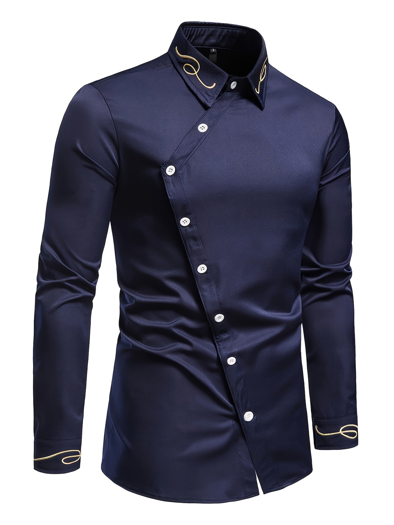 Embroidery Design Men's Stylish Asymmetrical Slim Long Sleeve Single Breast Shirt With Button