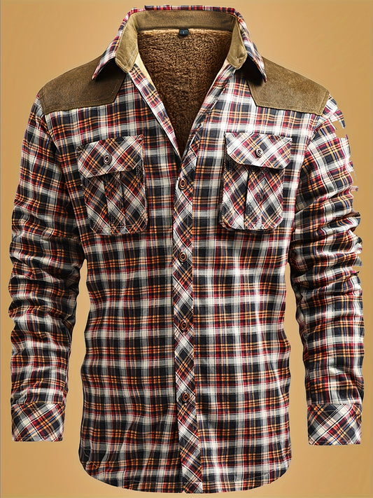 Men's Fleece-Lined Cotton Plaid Shirt - Casual Long Sleeve