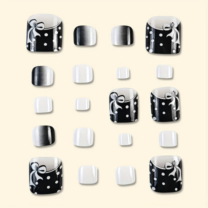 Chic Black & White Gradient Press-On Toenails - Glossy Finish, Short Square Shape with Cute Cartoon & Polka Dot Designs