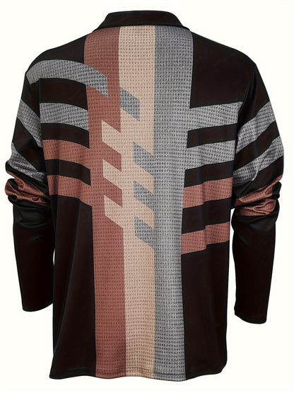 Men's Fashionable Long Sleeve Polo Shirt with Geometric Patterns