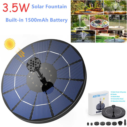 3.5W Solar Fountain Pump, Solar Water Pump Floating Fountain Built-In 1500Mah Battery, with 6 Nozzles, for Bird Bath