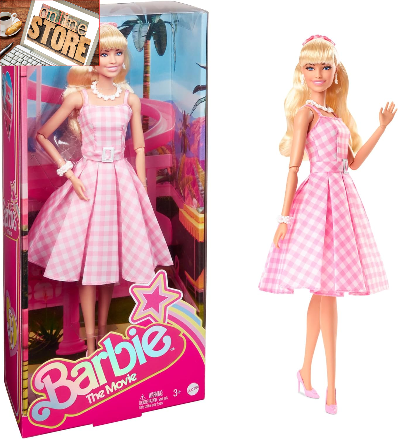 Barbie the Movie Doll, Margot Robbie As, Collectible Doll Wearing Pink and White Gingham Dress with Daisy Chain Necklace