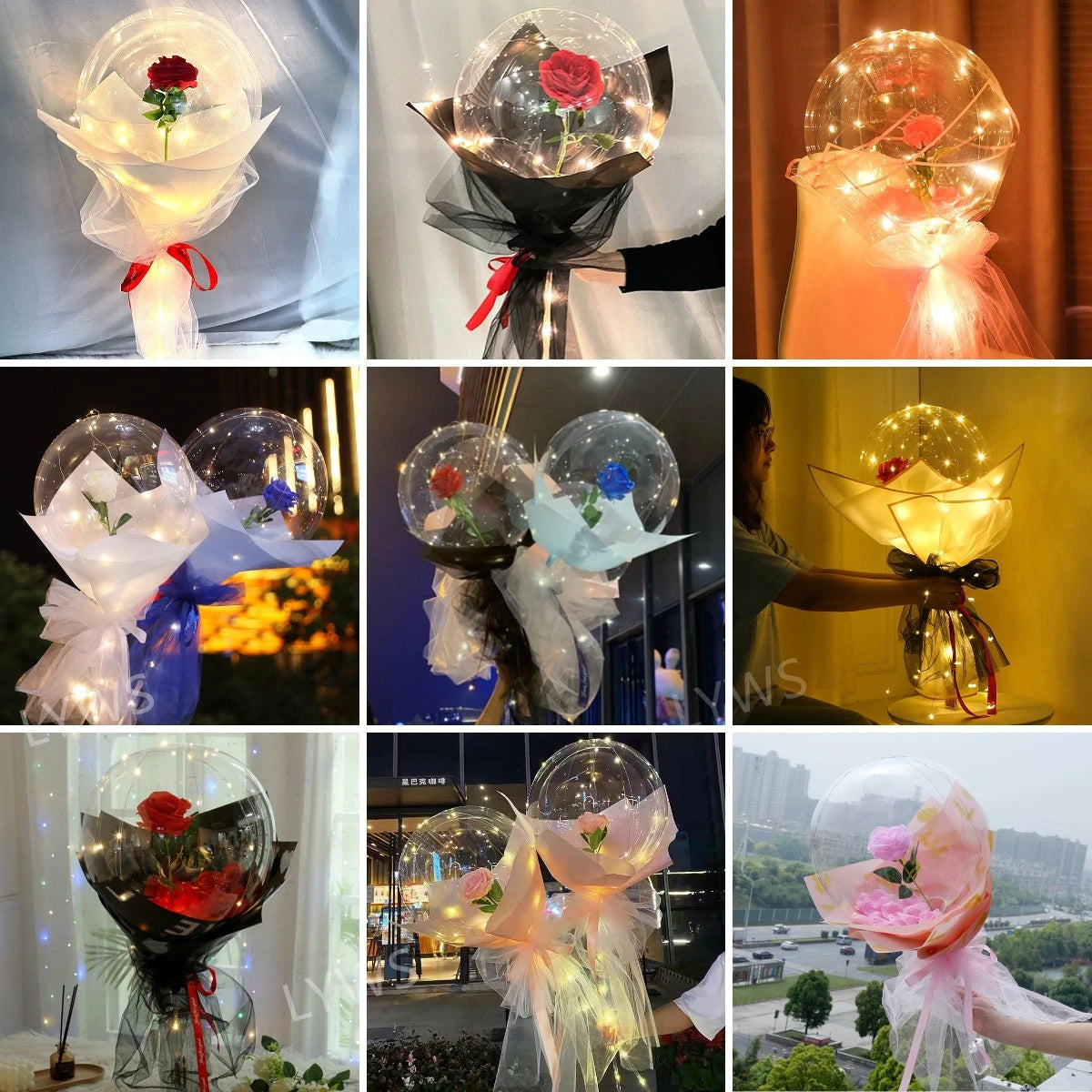 Valentines Day DIY Led Light Rose Balloons Birthday Luminous Transparent Bobo Balloons Bouquet Wedding Party ​Decor Kids Gift