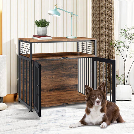 Wooden Dog Crate with Double Doors, Heavy-Duty Dog Cage End Table with Multi-Purpose Removable Tray