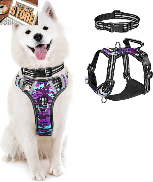No Pull, Pet Harnesses with Dog Collar, Adjustable Reflective Oxford Outdoor Vest, Front/Back Leash Clips for Small, Medium, Large, Extra Large Dogs, Easy Control Handle for Walking