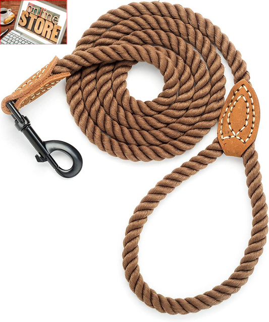 Mile High Life Dog Leash | Braided Cotton Rope Dog Leashes with Leather Tailor Tip | 4 Feet Dog Leash W Heavy Duty Metal Clasp | Wedding Dog Leash (Dark Brown, 48 Inches)
